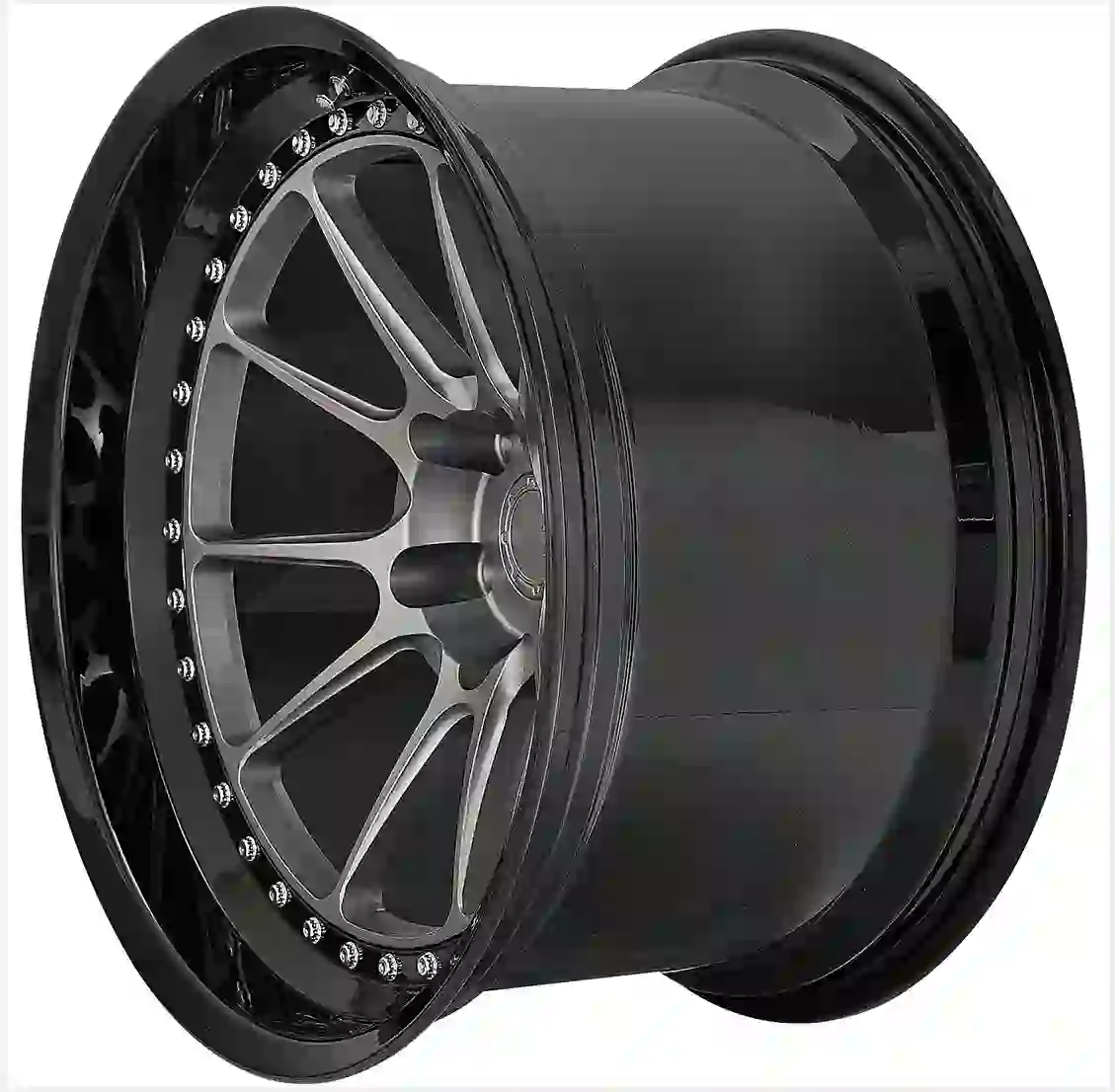Right view of new two-piece black forged alloy rims for Toyota Honda Nissan Mitsubishi