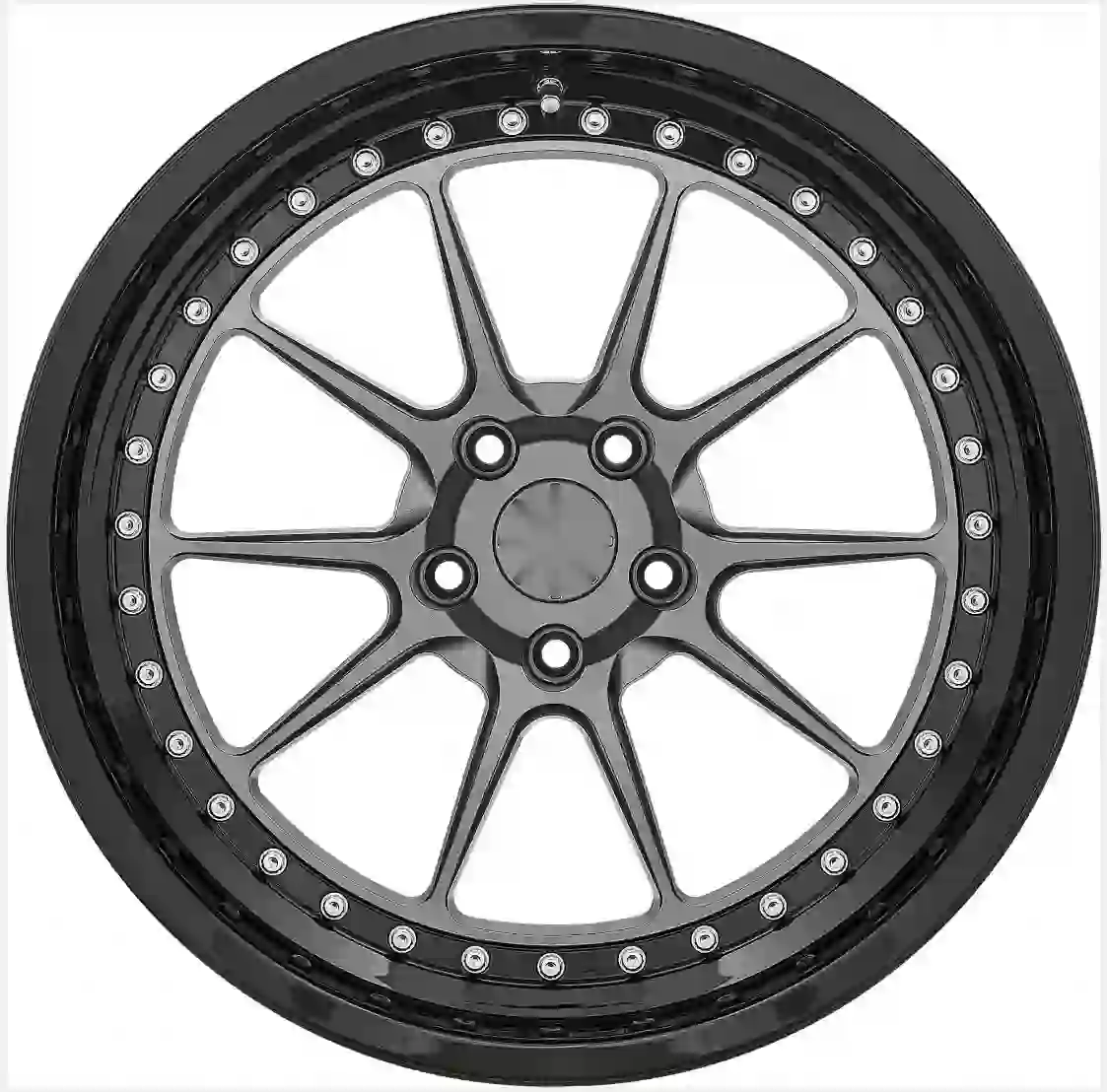 Front view of new two-piece black forged alloy rims for Toyota Honda Nissan Mitsubishi