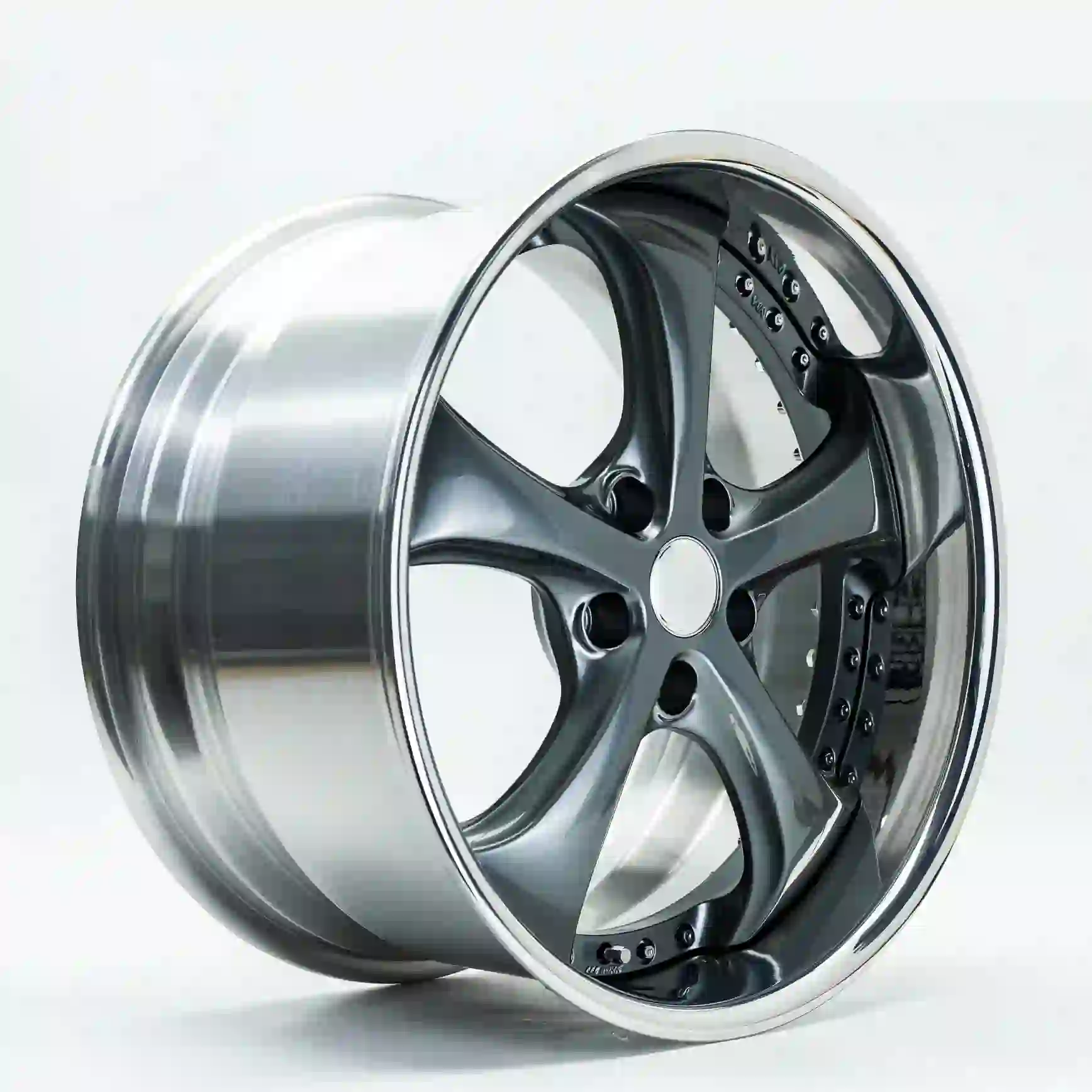 Left view of deep dish 2 piece forged chrome silver wheels for BMW Benz Audi Nissan Honda Toyota
