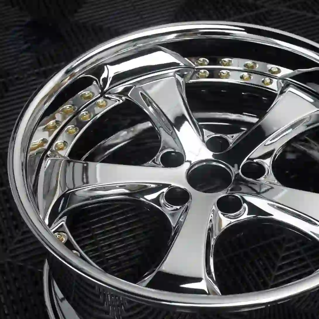 Central detail diagram of deep dish 2 piece forged chrome silver wheels for BMW Benz Audi Nissan Honda Toyota