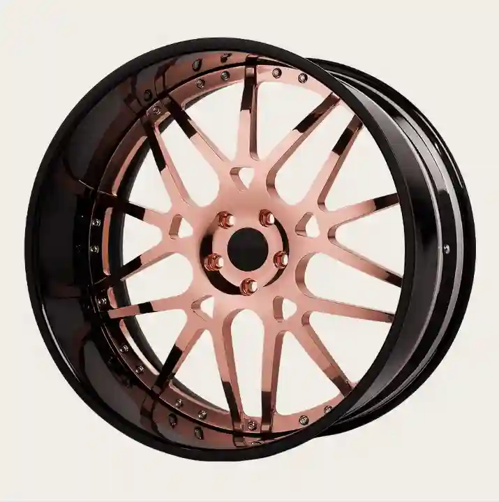 Right view of aluminum 2-piece forged black gold wheels for Chevrolet Impala BMW M3 M4 F10 G20