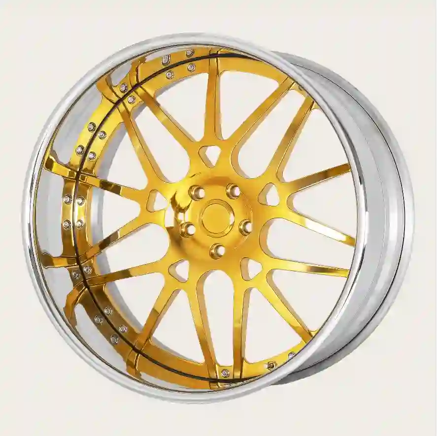 Right view of aluminum 2-piece forged silver gold wheels for Chevrolet Impala BMW M3 M4 F10 G20