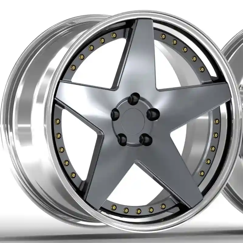 Left view of two-piece forged five spoke alloy chrome wheels for BMW G80 M3