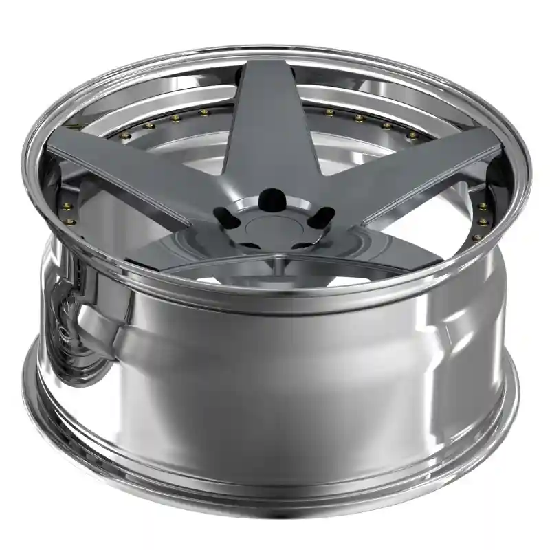 Top view of two-piece forged five spoke alloy chrome wheels for BMW G80 M3