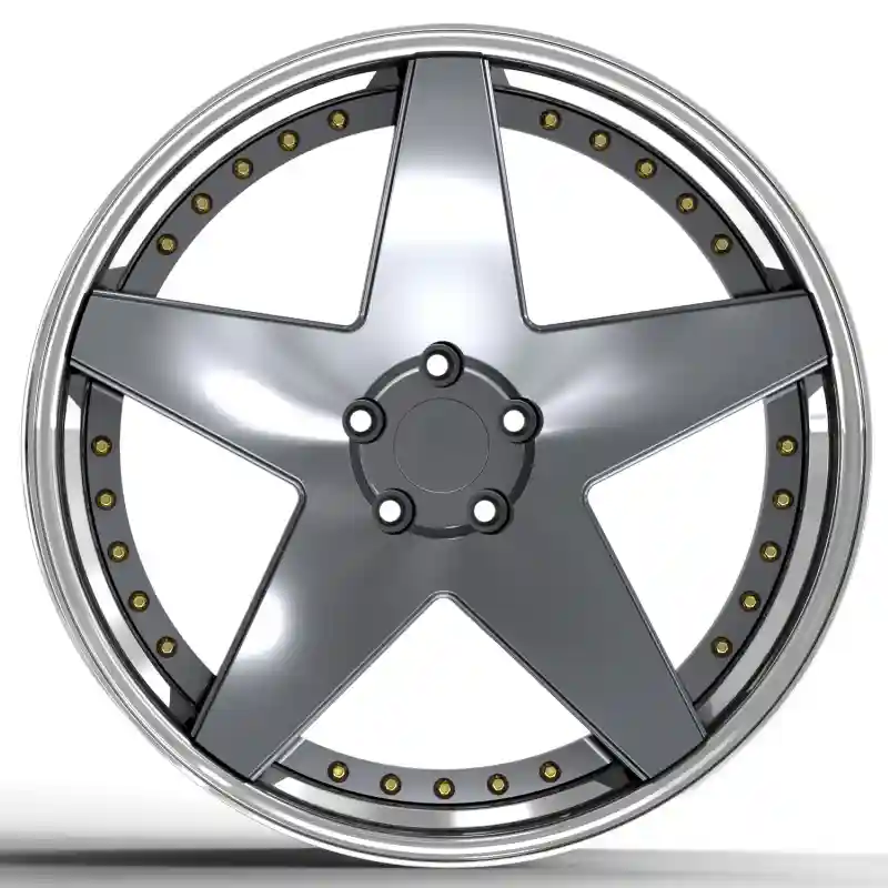 Front view of two-piece forged five spoke alloy chrome wheels for BMW G80 M3