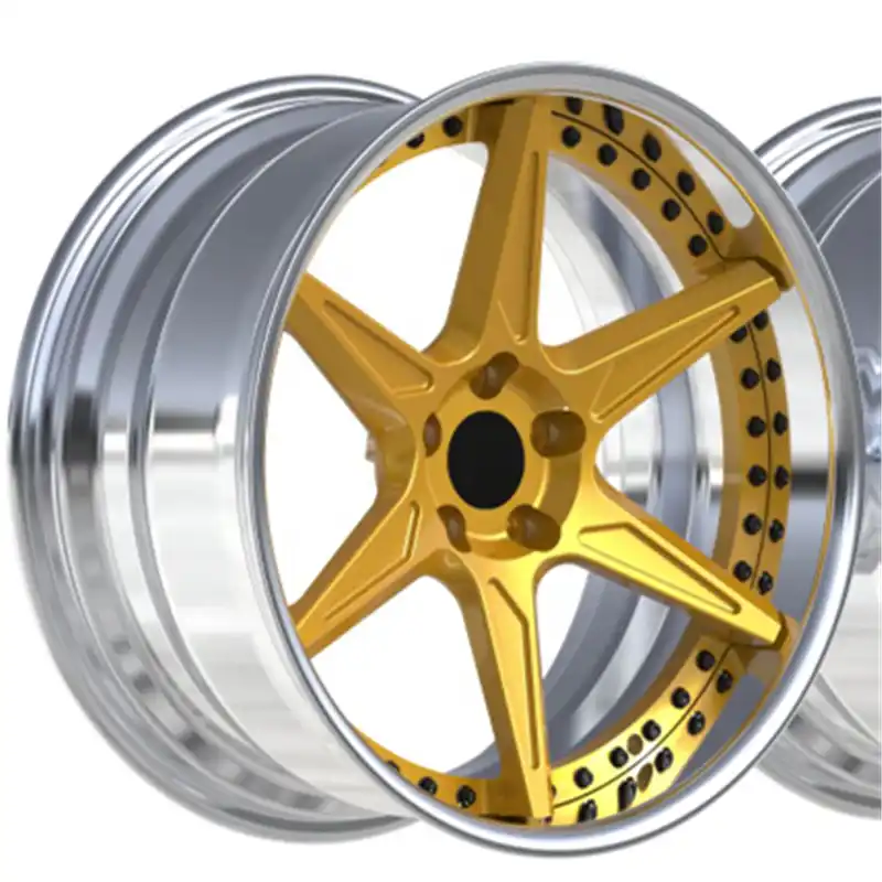 Left view of 2-piece forged aluminum alloy silver gold wheels rims for the VW Golf 7 GTI
