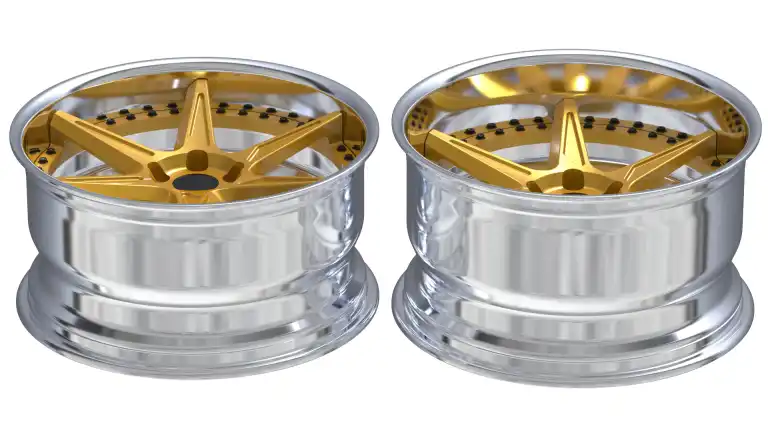 Top view of 2-piece forged aluminum alloy silver gold wheels rims for the VW Golf 7 GTI