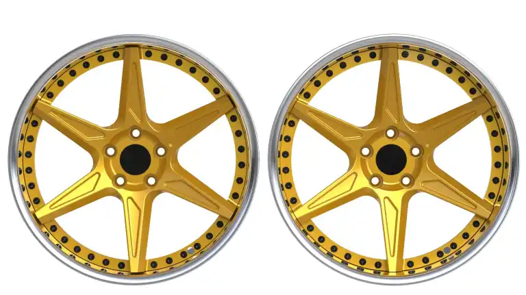 Front view of 2-piece forged aluminum alloy silver gold wheels rims for the VW Golf 7 GTI