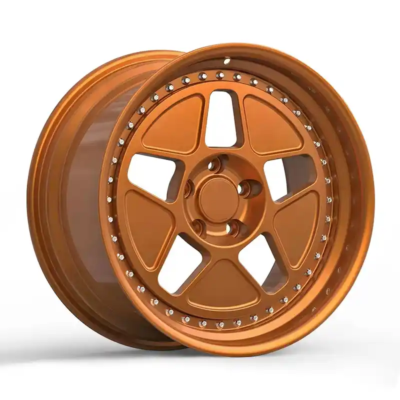 Left view of lightweight aluminum alloy Pcd 5x112 two-piece forged orange wheels for Toyota Corolla