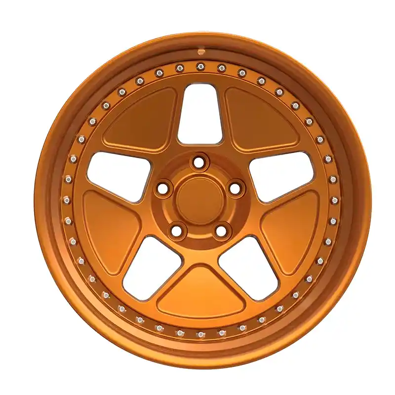 Front view of lightweight aluminum alloy Pcd 5x112 two-piece forged orange wheels for Toyota Corolla