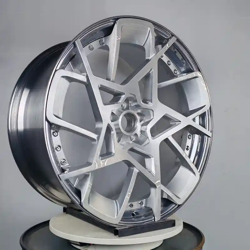 Left view of new design two-piece forged aluminum brushed silver wheels for Audi BMW, Mercedes and Volkswagen