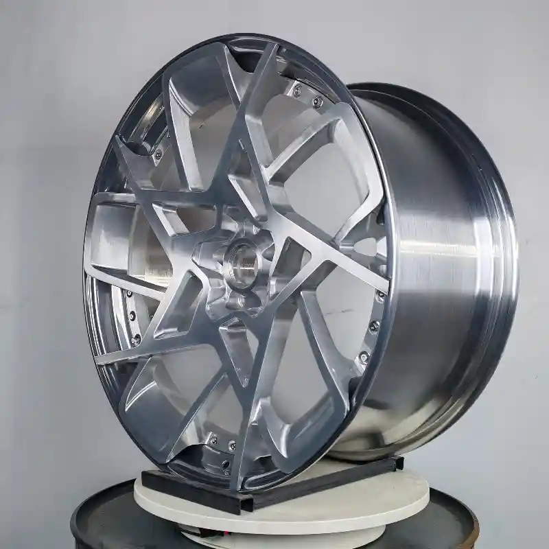 Right view of new design two-piece forged aluminum brushed silver wheels for Audi BMW, Mercedes and Volkswagen
