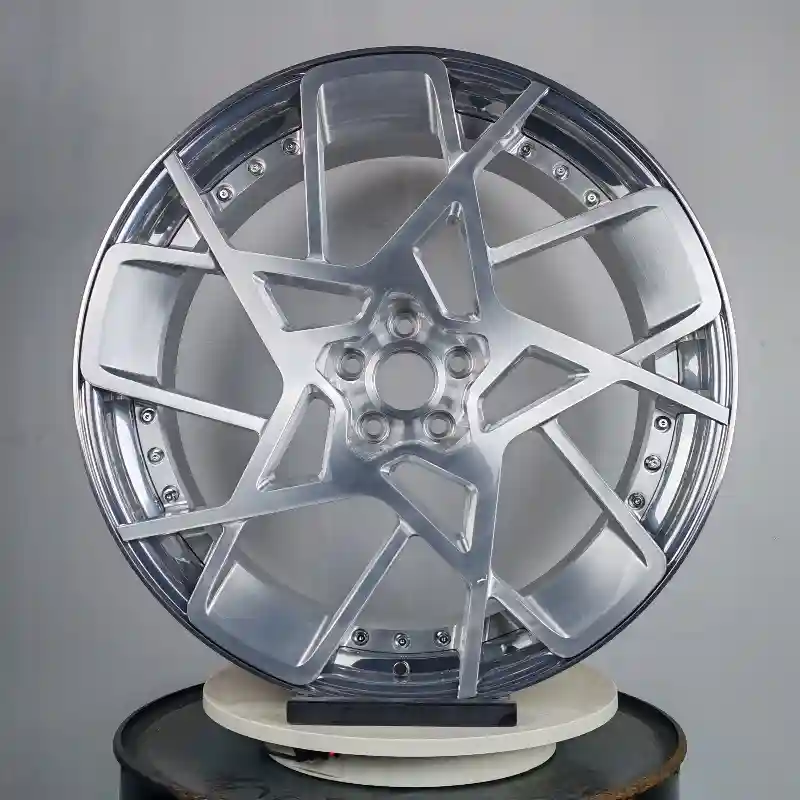 Front view of new design two-piece forged aluminum brushed silver wheels for Audi BMW, Mercedes and Volkswagen