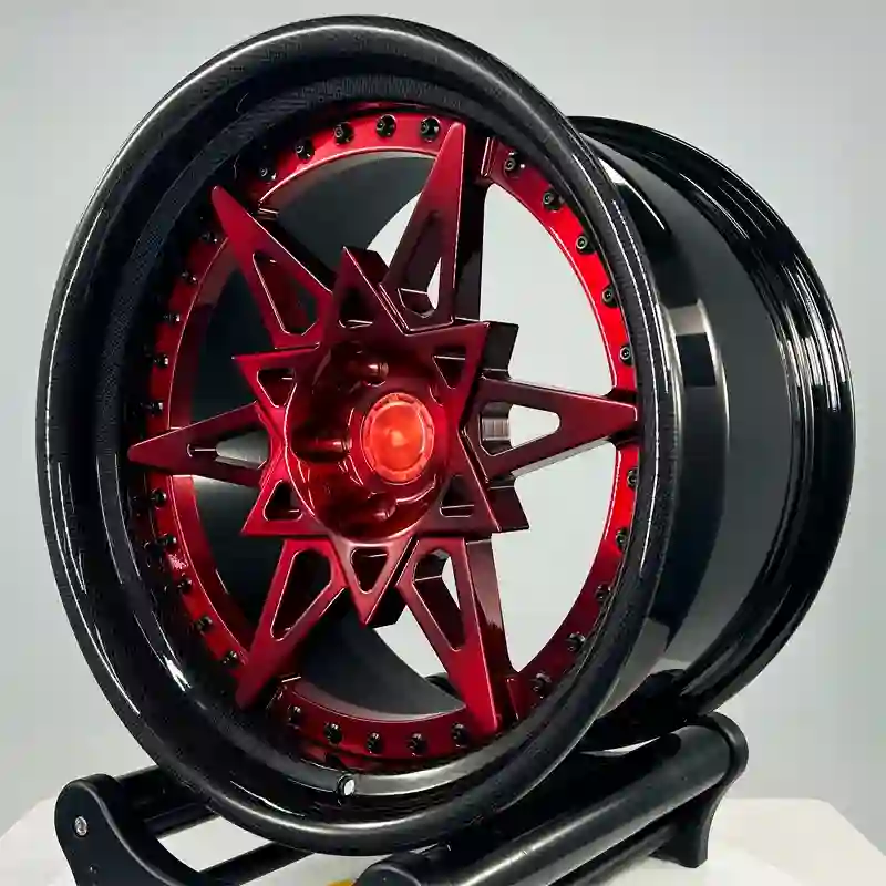 Left view of new design two-piece forged black red rims 16-24inch passenger cars