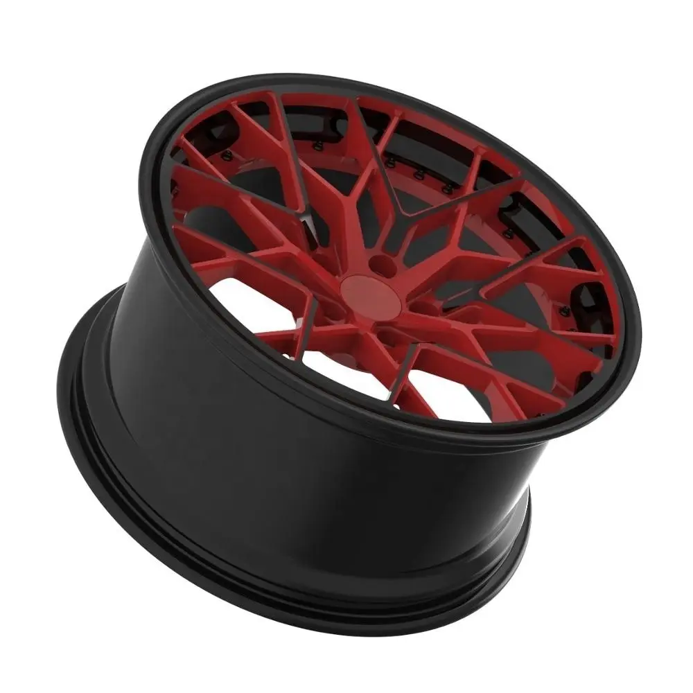 Side view of two-piece forged deep concave red black alloy wheels17~24 Inch