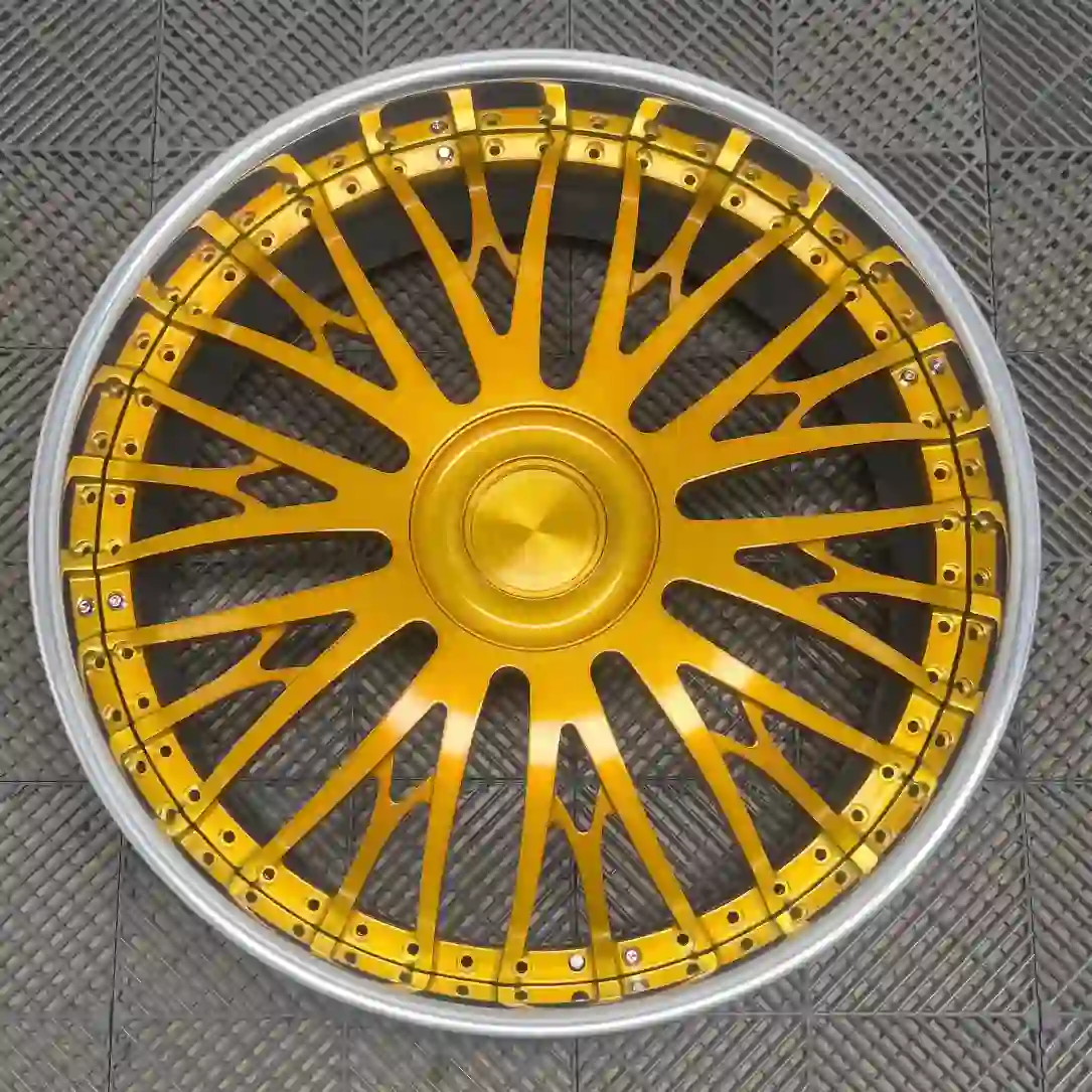 Real front shot:3-piece forged aluminum gold wheel rims 5X114.3/120/125/127/139.7 for Chevrolet Caprice/Impala/C1500,Oldsmobile Cutlass,Ford Mustang