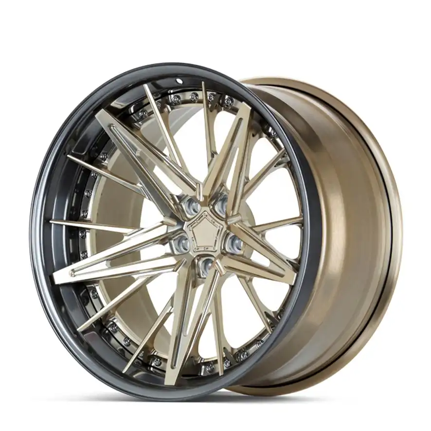Right view:deep dish lip 3-piece forged wheels 17 18 19 20 22 24 inch 5X112 5X139.7 aluminum alloy gold rims for Porsche 911 BMW M Mercedes-AMG Sports car