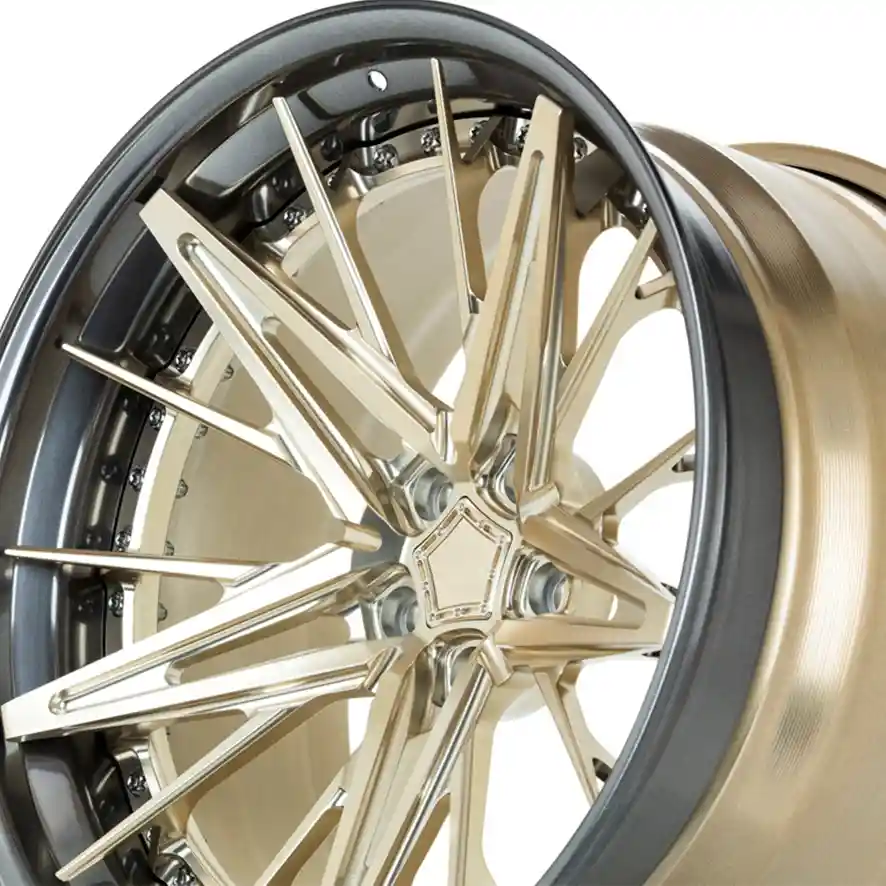 Top partial view:deep dish lip 3-piece forged wheels 17 18 19 20 22 24 inch 5X112 5X139.7 aluminum alloy gold rims for Porsche 911 BMW M Mercedes-AMG Sports car