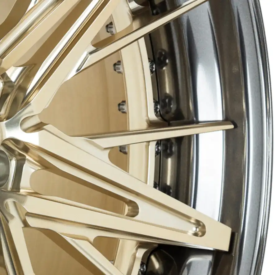 Details on the right:deep dish lip 3-piece forged wheels 17 18 19 20 22 24 inch 5X112 5X139.7 aluminum alloy gold rims for Porsche 911 BMW M Mercedes-AMG Sports car