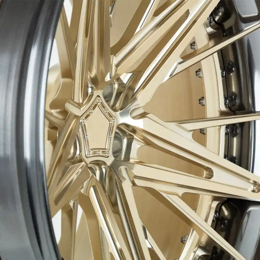 Central partial view:deep dish lip 3-piece forged wheels 17 18 19 20 22 24 inch 5X112 5X139.7 aluminum alloy gold rims for Porsche 911 BMW M Mercedes-AMG Sports car