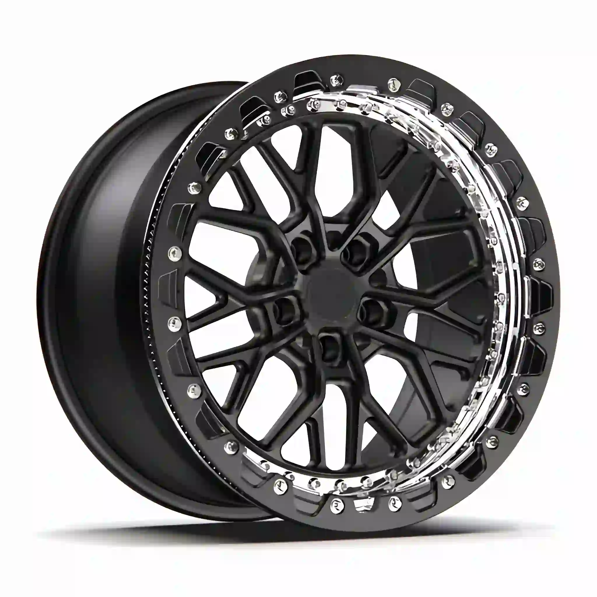 Left view of forged aluminum 5x120 ET40 beadlock wheels 15-24 inch matte black concave rims for BMW Benz Audi Chevrolet Porsche and McLaren