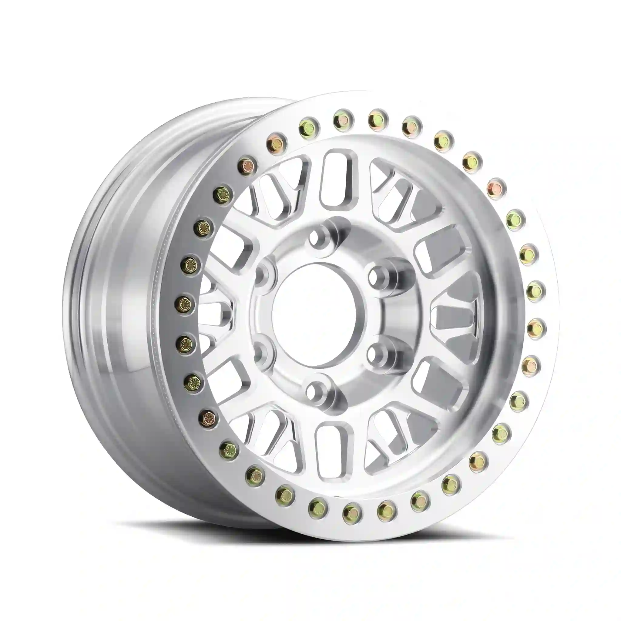Left view:forged aluminum alloy beadlock wheels 17x9J 18x9J offroad racing white rims for Jeep Wrangler Isuzu D-Max F-150 Toyota Tundra Ram 2500 GMC Yukon