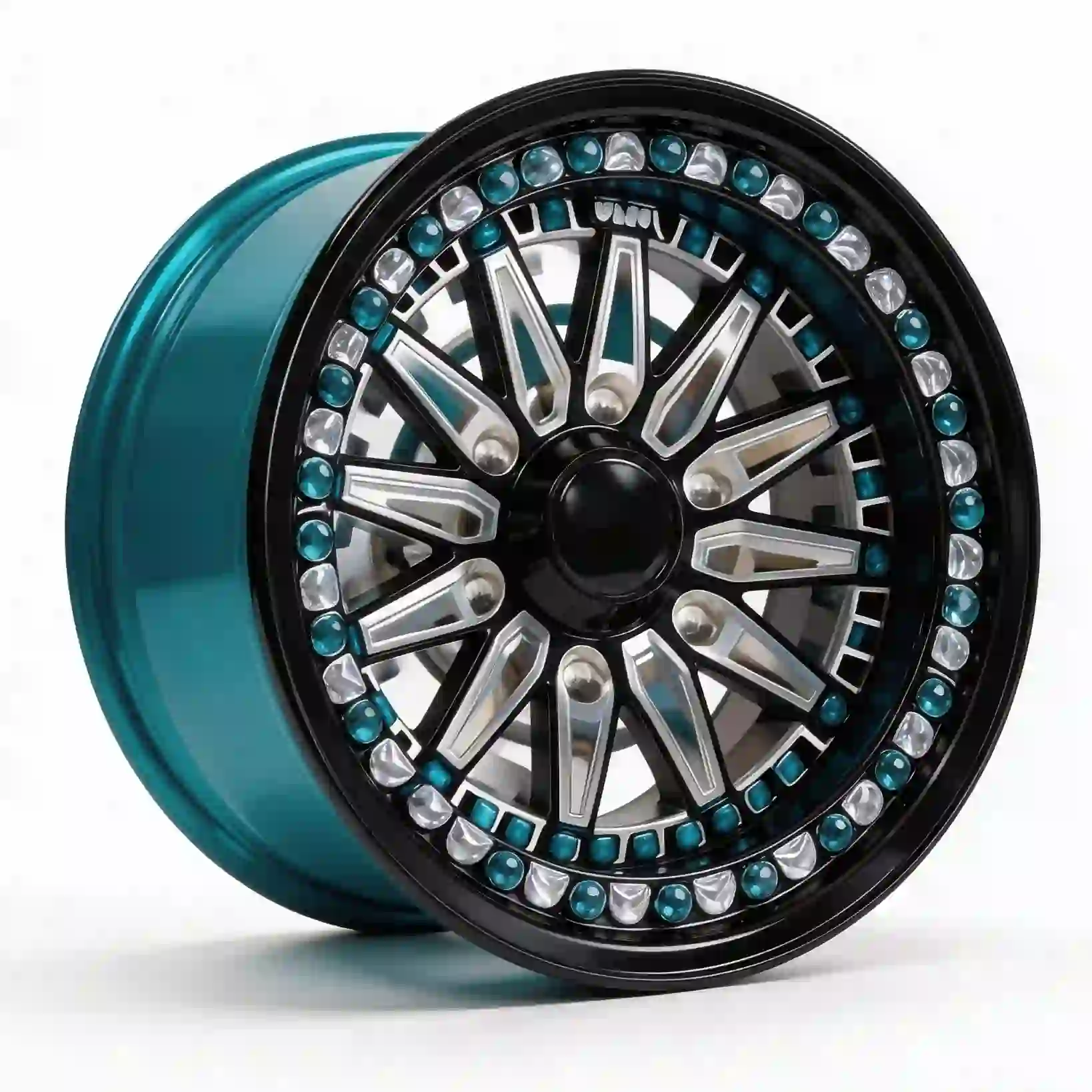 Style 1:Left view of 16-24 inch custom forged beadlock deep Lip blue black wheels 6x139.7mm for Porsche BMW Nissan Toyota offroad racing cars