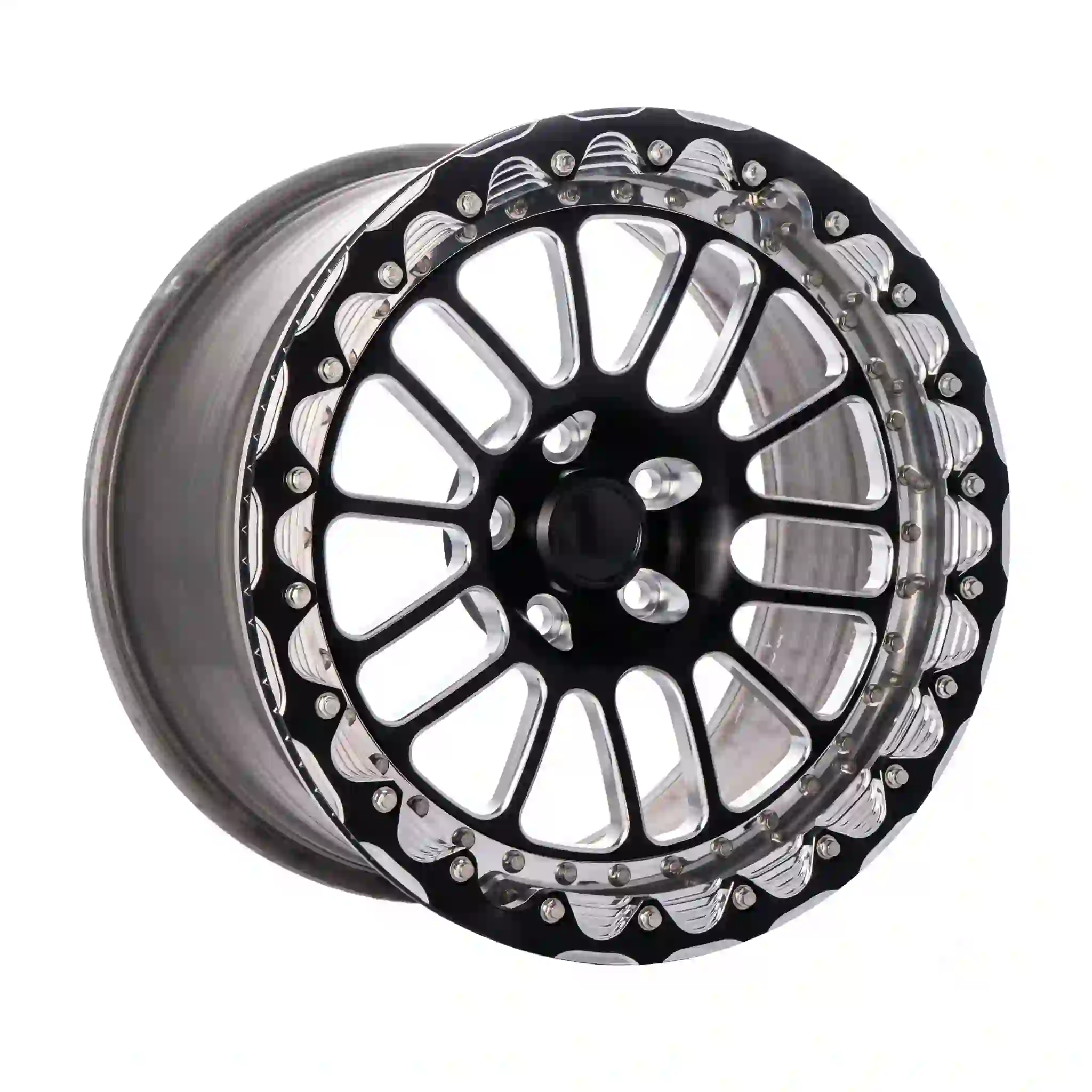 Left view of forged beadlock aluminum alloy black wheels 5x112mm 5X120mm 6X139.7mm PCD rims for offroad suvs drag racing