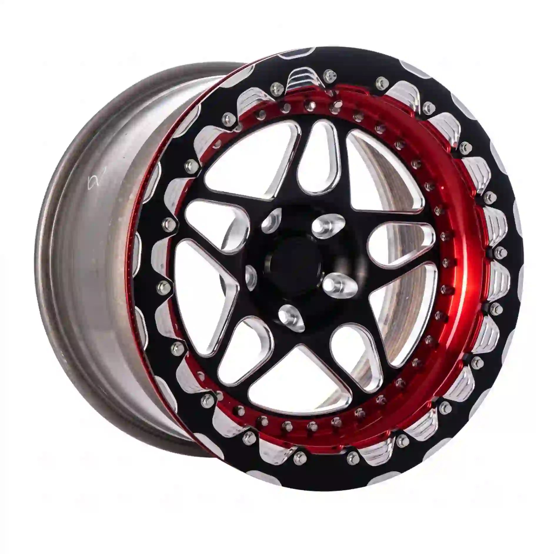 Left view of forged beadlock aluminum alloy black red wheels 5x112mm 5X120mm 6X139.7mm PCD rims for offroad suvs drag racing