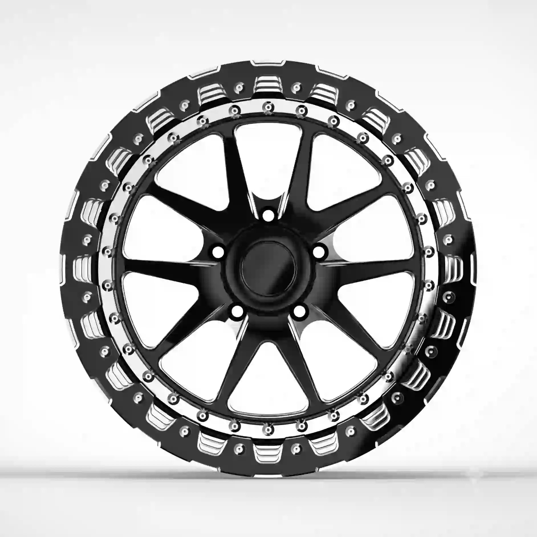 Left view of forged beadlock aluminum alloy black wheels 5x112mm 5X120mm 6X139.7mm PCD 10 holes rims for offroad suvs drag racing