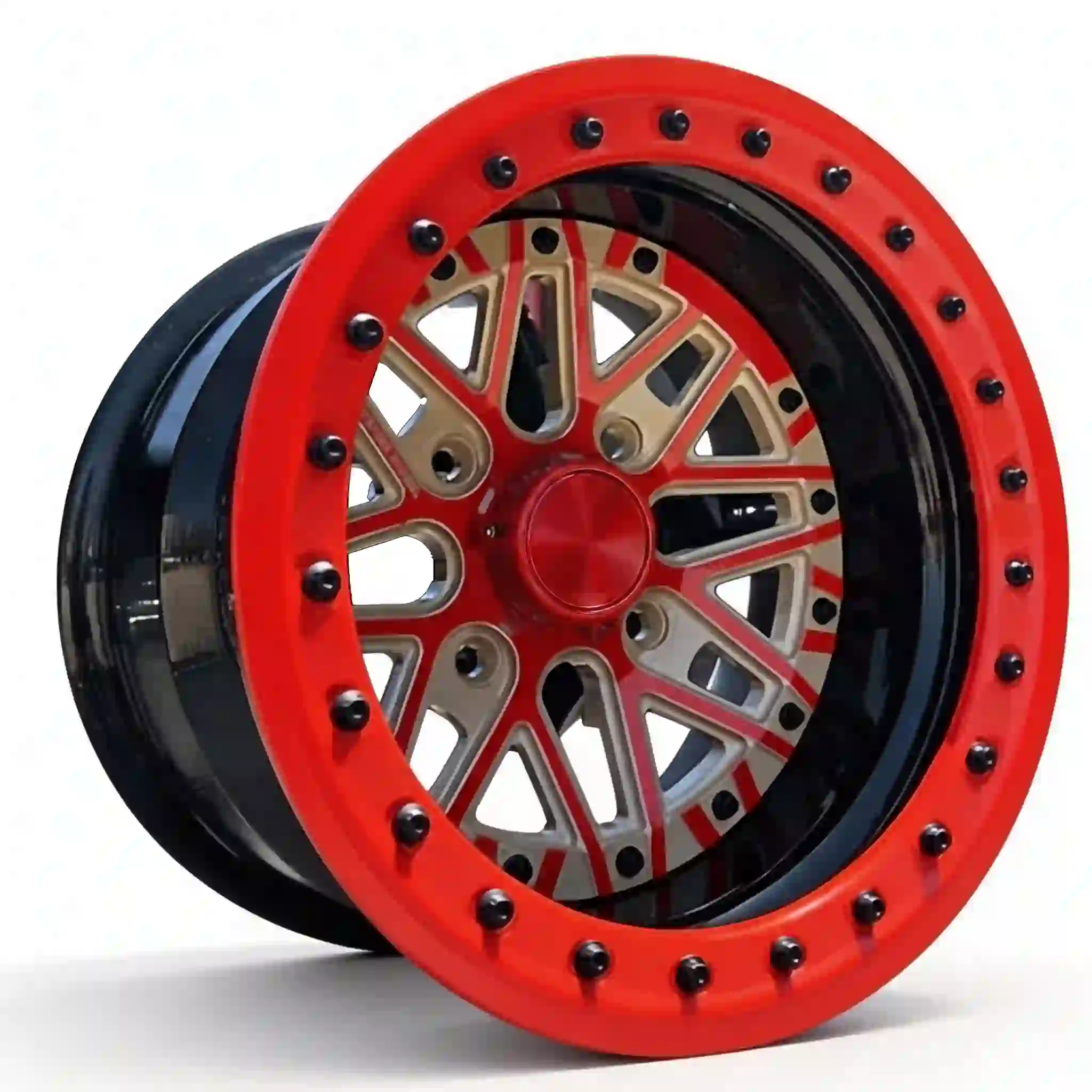 Left view of custom 2-piece forged beadlock deep lip wheels aluminum alloy red rims for Ford Bronco Mercedes-AMG G 63 Toyota Hilux