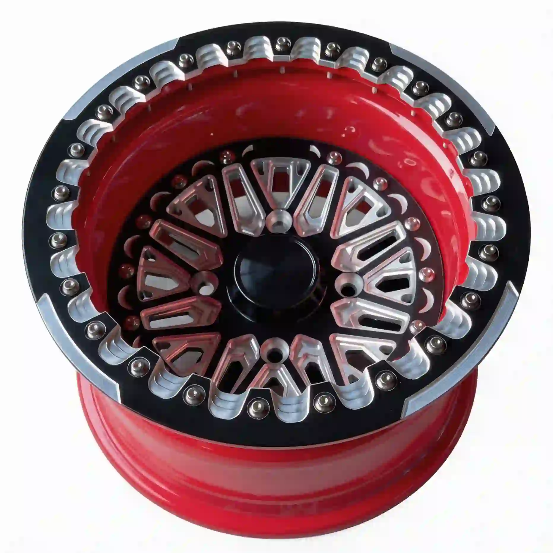 Top view of custom 2-piece forged beadlock deep lip wheels aluminum alloy red black rims for Ford Bronco Mercedes-AMG G 63 Toyota Hilux
