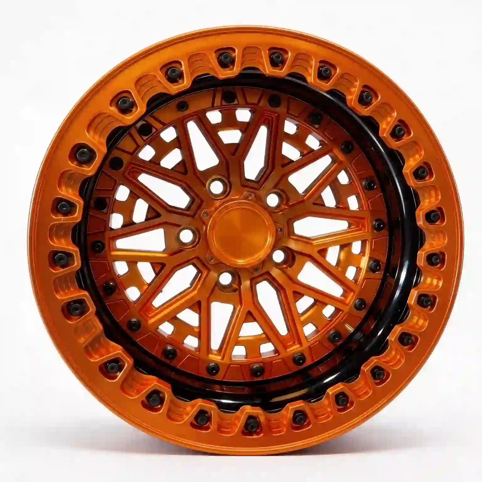Front view of  2-piece forged beadlock deep lip wheels aluminum alloy orange rims for Ford Bronco Mercedes-AMG G 63 Toyota Hilux