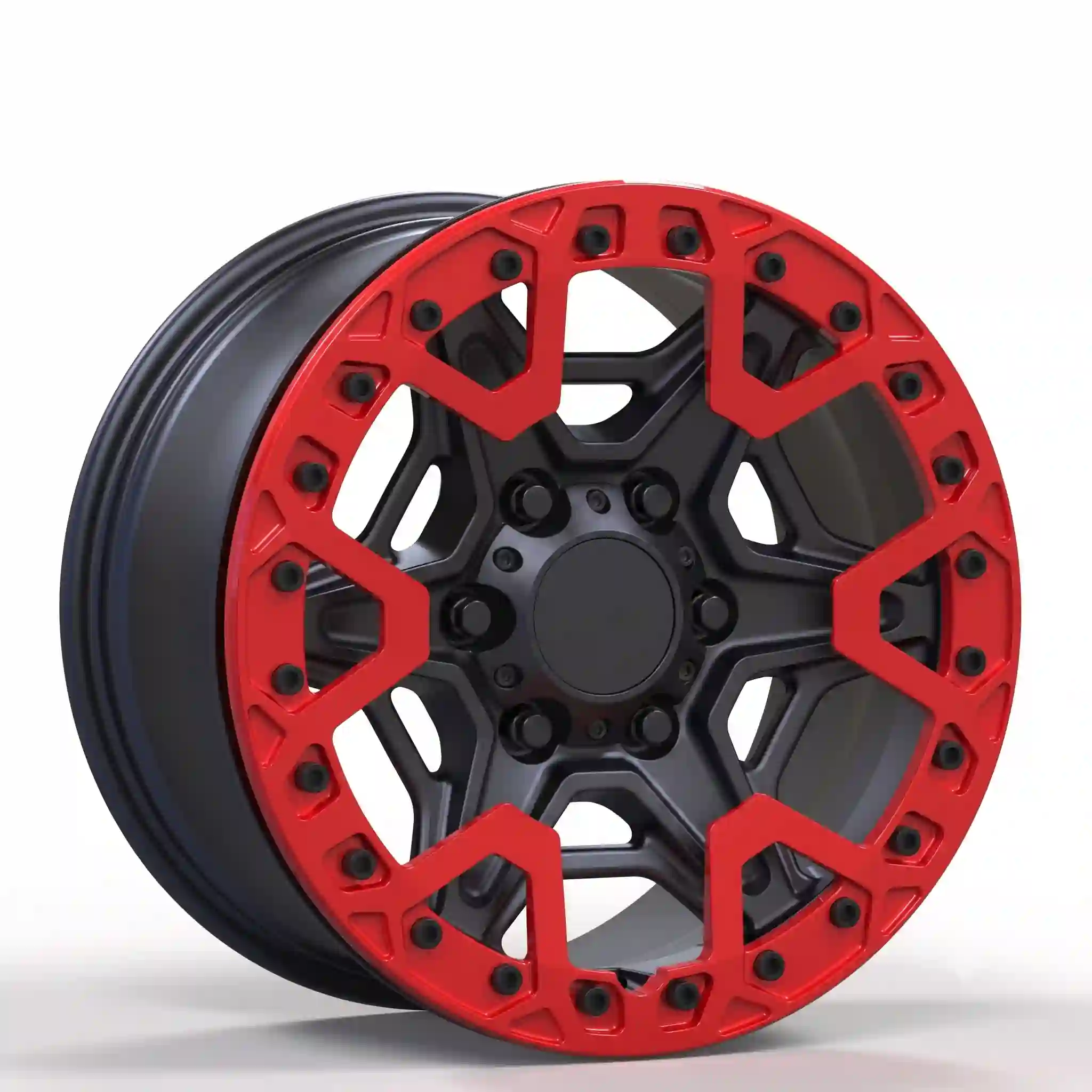 Left view of beadlock aluminum alloy wheels 16-24 inch black red rims 6-Spoke for F150 Raptor P552