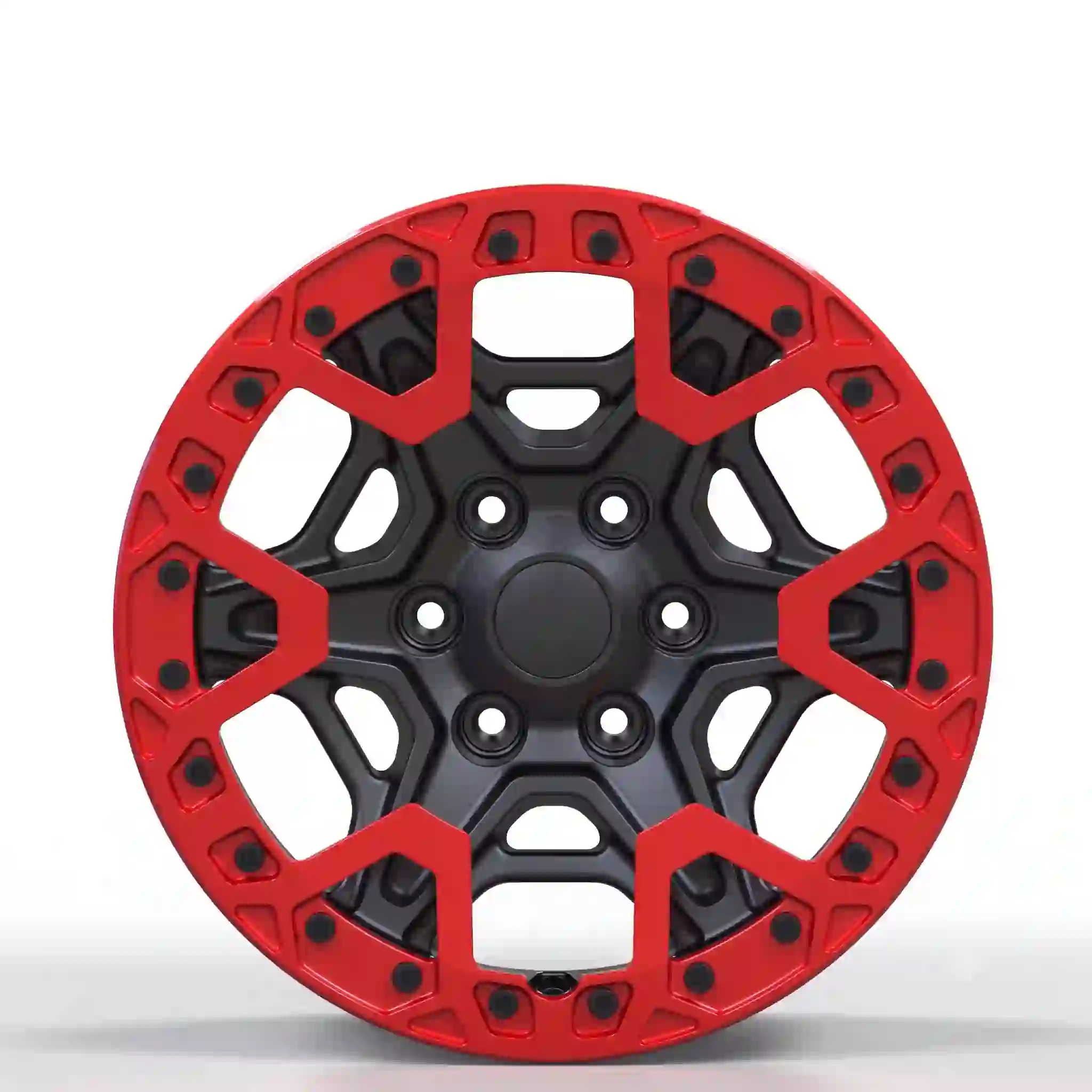 Front view of beadlock aluminum alloy wheels 16-24 inch black red rims 6-Spoke for F150 Raptor P552