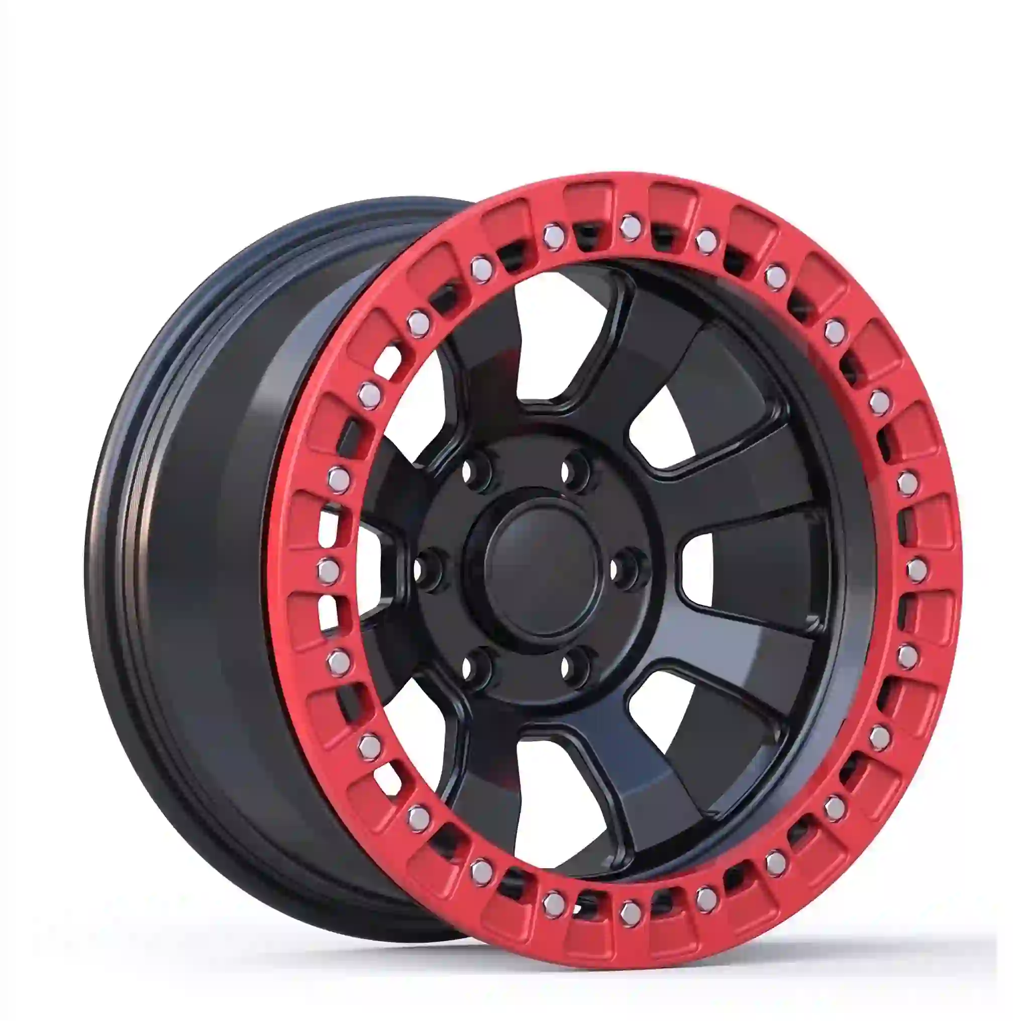 Style 1:Left view of forged alloy beadlock red wheels rims 17-24inch 5x139.7 6x139.7 for 4x4 offroad Ford Ranger Raptor  Bronco F150