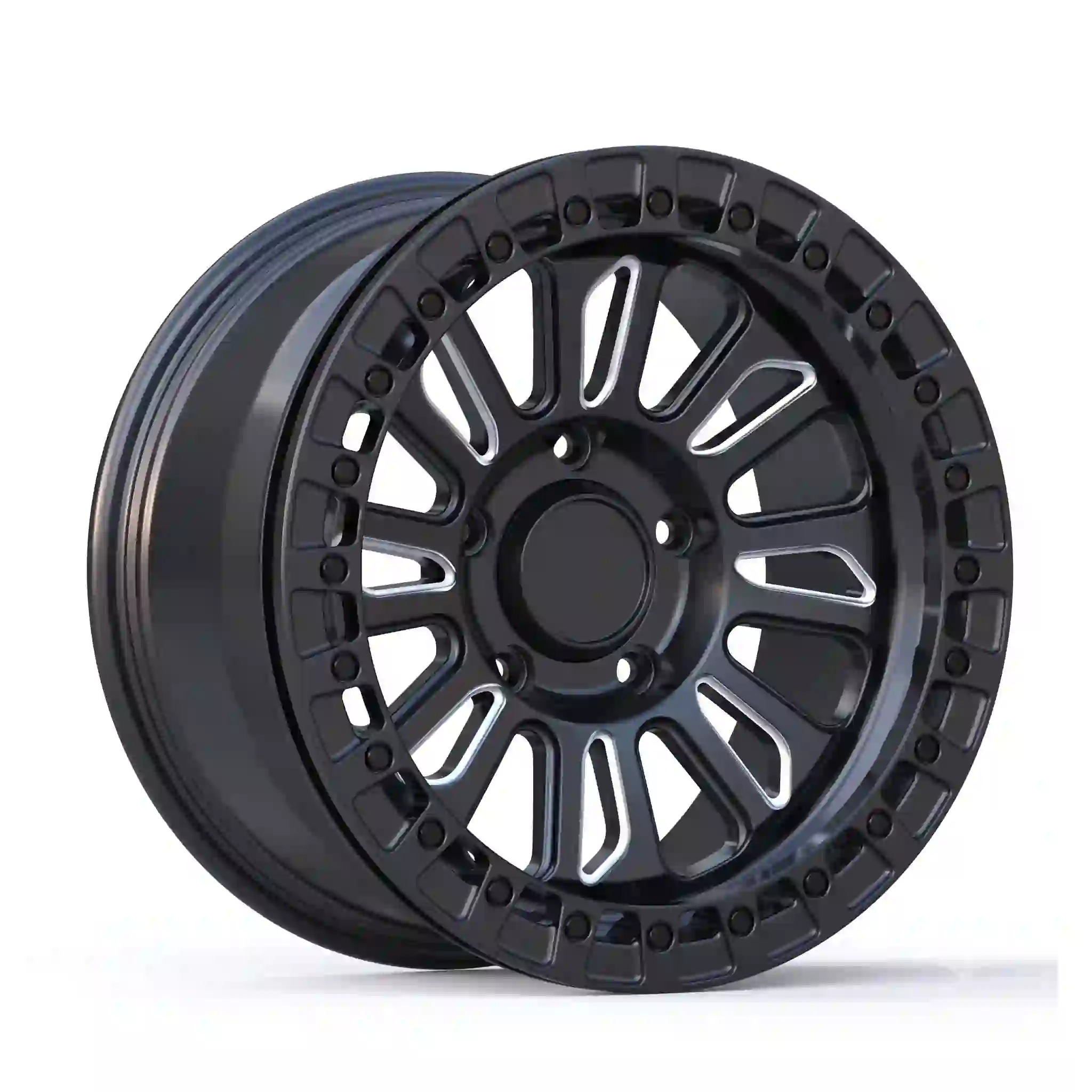 Style 2:Left view of forged alloy beadlock black wheels rims 17-24inch 5x139.7 6x139.7 for 4x4 offroad Ford Ranger Raptor  Bronco F150
