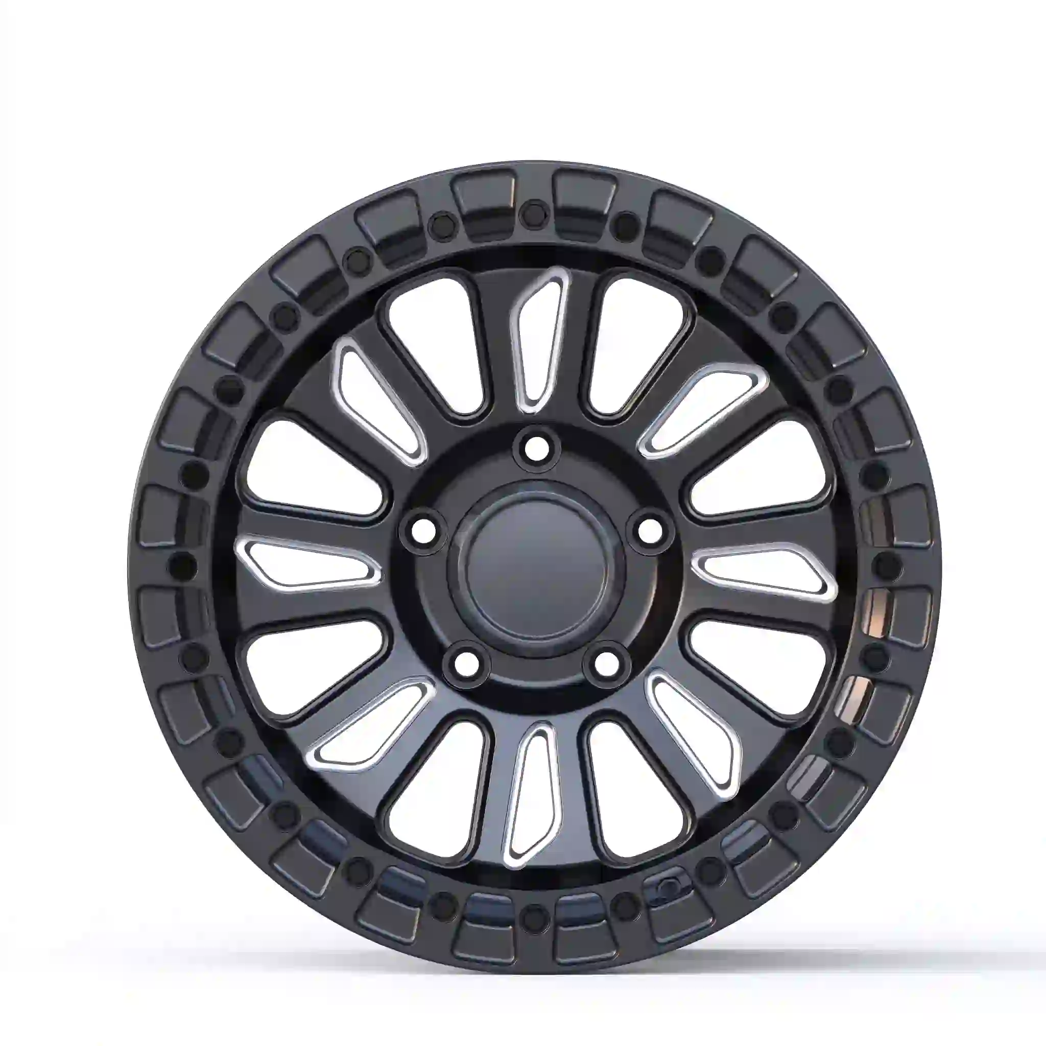 Style 2:Front view of forged alloy beadlock black wheels rims 17-24inch 5x139.7 6x139.7 for 4x4 offroad Ford Ranger Raptor  Bronco F150