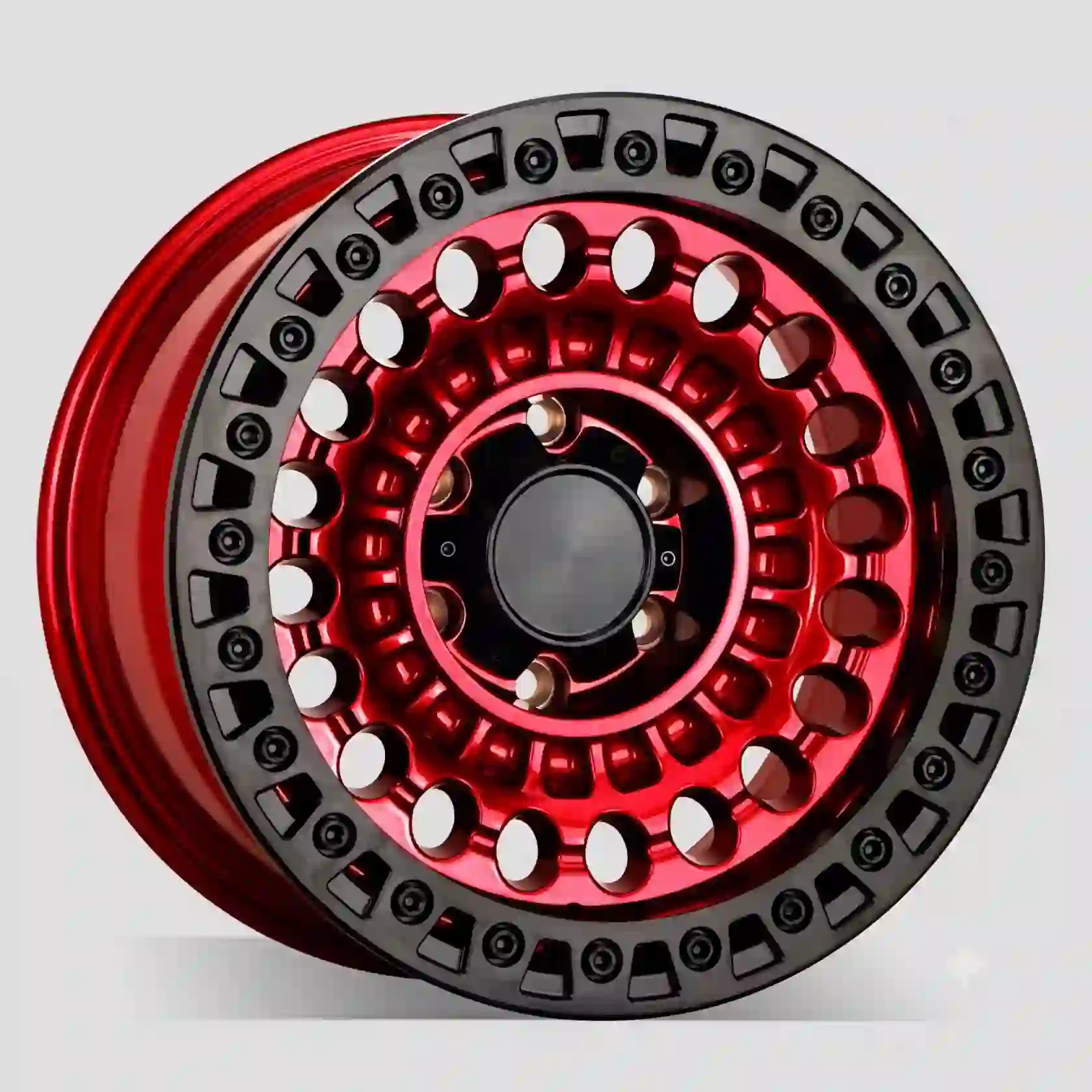 Style 2: Left view of beadlock forged alloy wheels 6X139.7 5X127 5X114.3 4x4 trucks SUVs red rims for Nissan Patrol Lexus GX460 GX550 Toyota Tacoma Ford F-150