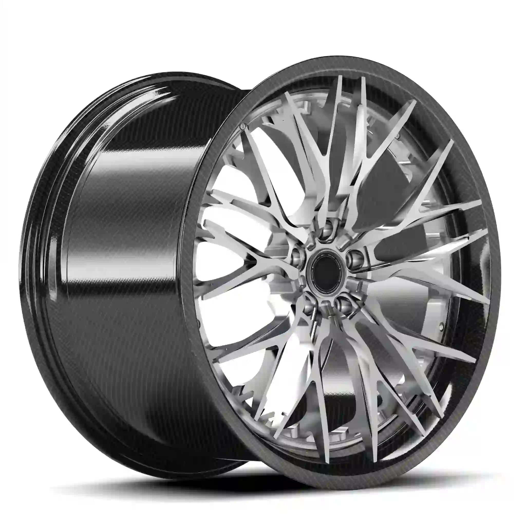 Left view of new forged carbon fiber two-piece wheels 18 to 23 inch deep concave silver rims for Porsche Lamborghini Ferrari