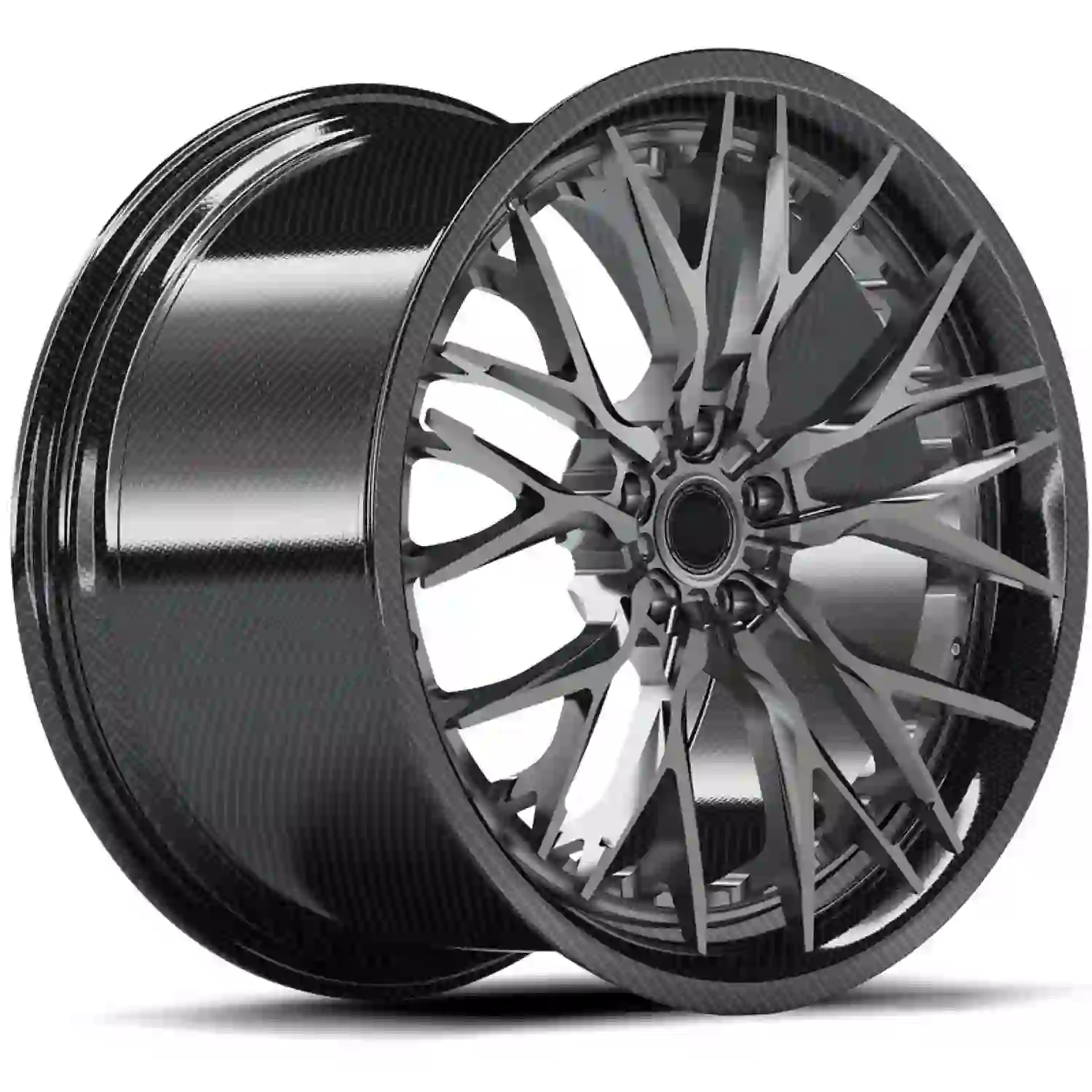 Left view of new forged carbon fiber two-piece wheels 18 to 23 inch deep concave matte black rims for Porsche Lamborghini Ferrari