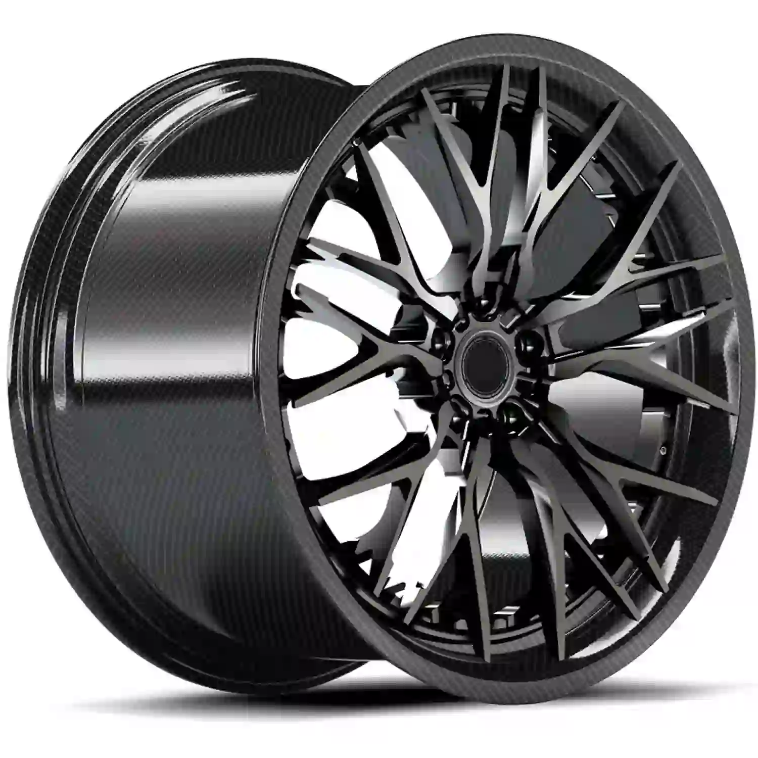 Left view of new forged carbon fiber two-piece wheels 18 to 23 inch deep concave black rims for Porsche Lamborghini Ferrari