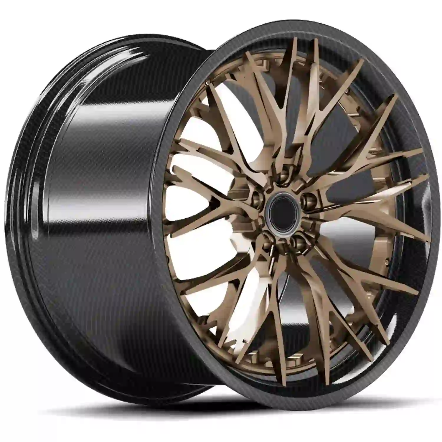 Left view of new forged carbon fiber two-piece wheels 18 to 23 inch deep concave brown rims for Porsche Lamborghini Ferrari