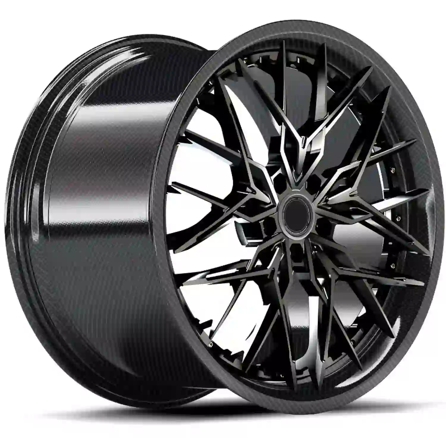 Left view of custom 2 piece forged carbon fiber alloy wheels Pcd 5x112 5x114.3 18-23 inch black rims for luxury car upgrades
