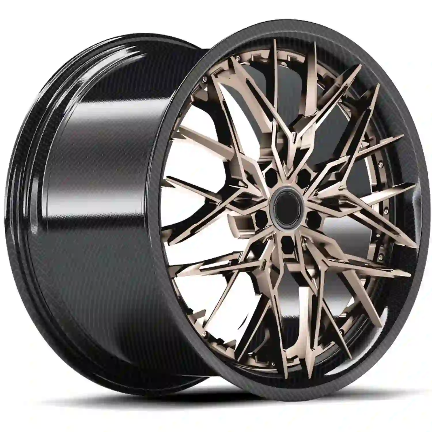 Left view of custom 2 piece forged carbon fiber alloy wheels Pcd 5x112 5x114.3 18-23 inch brown rims for luxury car upgrades