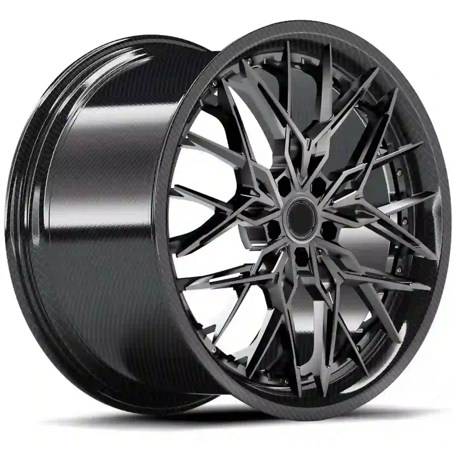 Left view of custom 2 piece forged carbon fiber alloy wheels Pcd 5x112 5x114.3 18-23 inch matte black rims for luxury car upgrades