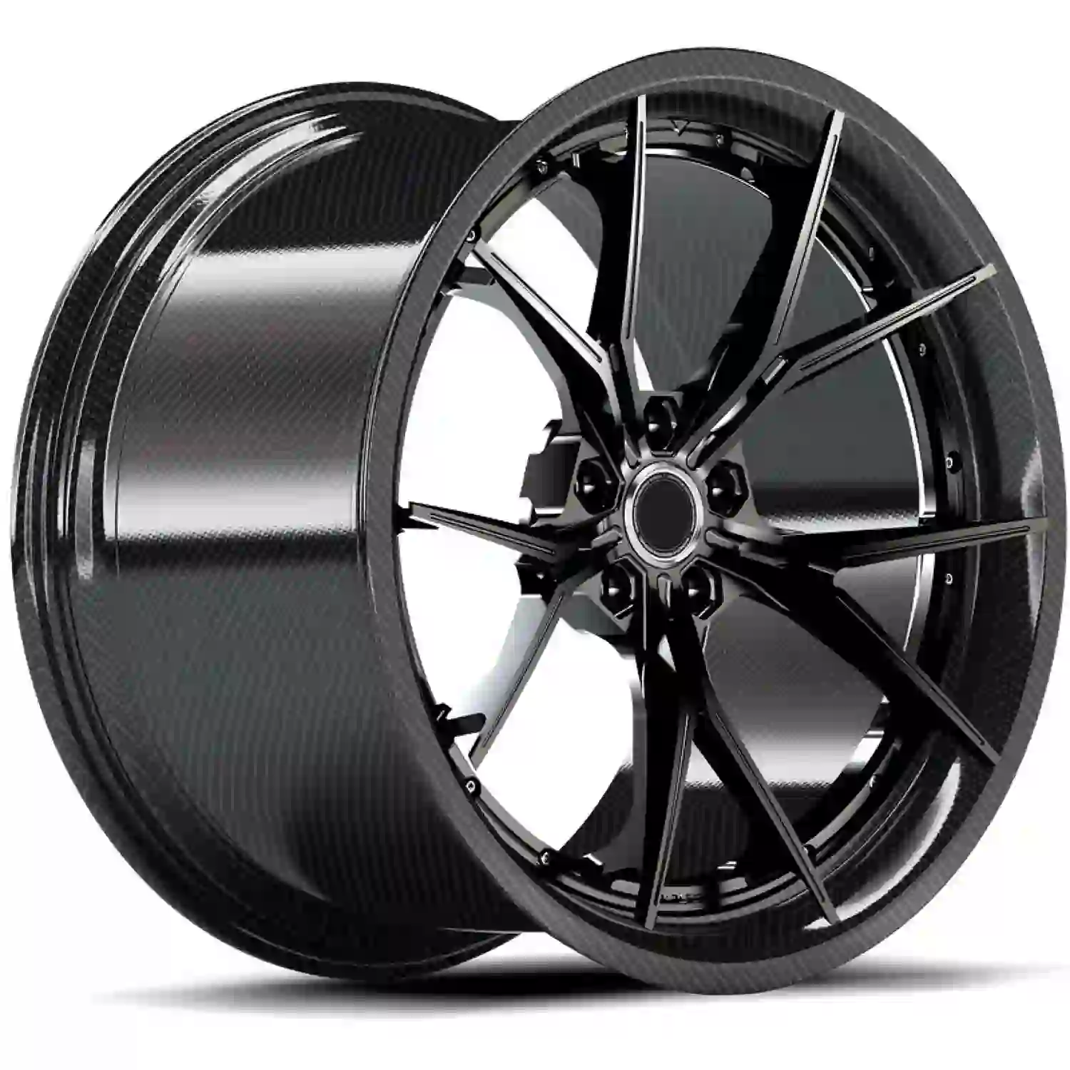 Left view of 2026 new forged carbon fiber wheels deep concave black rims for Lamborghini,BMW and other high-performance vehicles