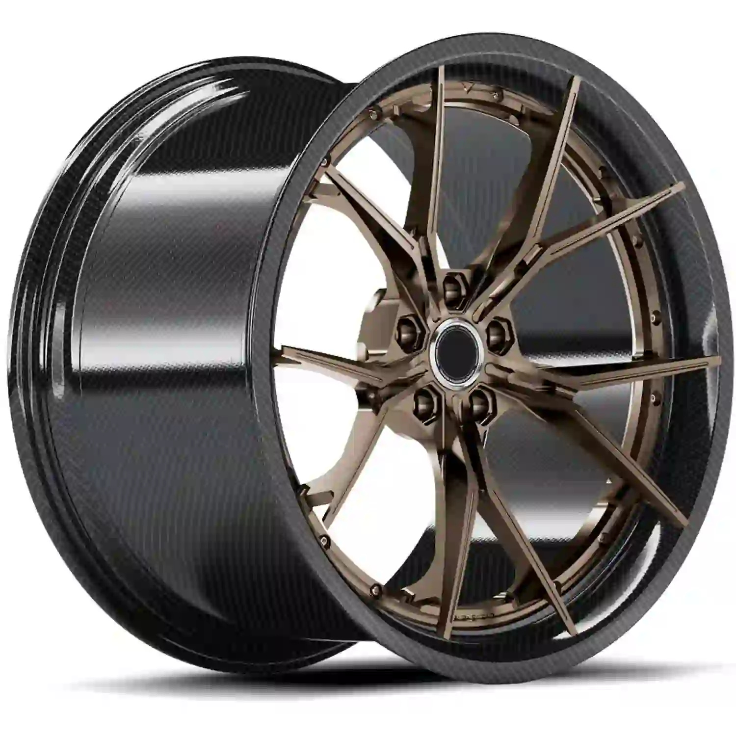 Left view of 2026 new forged carbon fiber wheels deep concave brown rims for Lamborghini,BMW and other high-performance vehicles