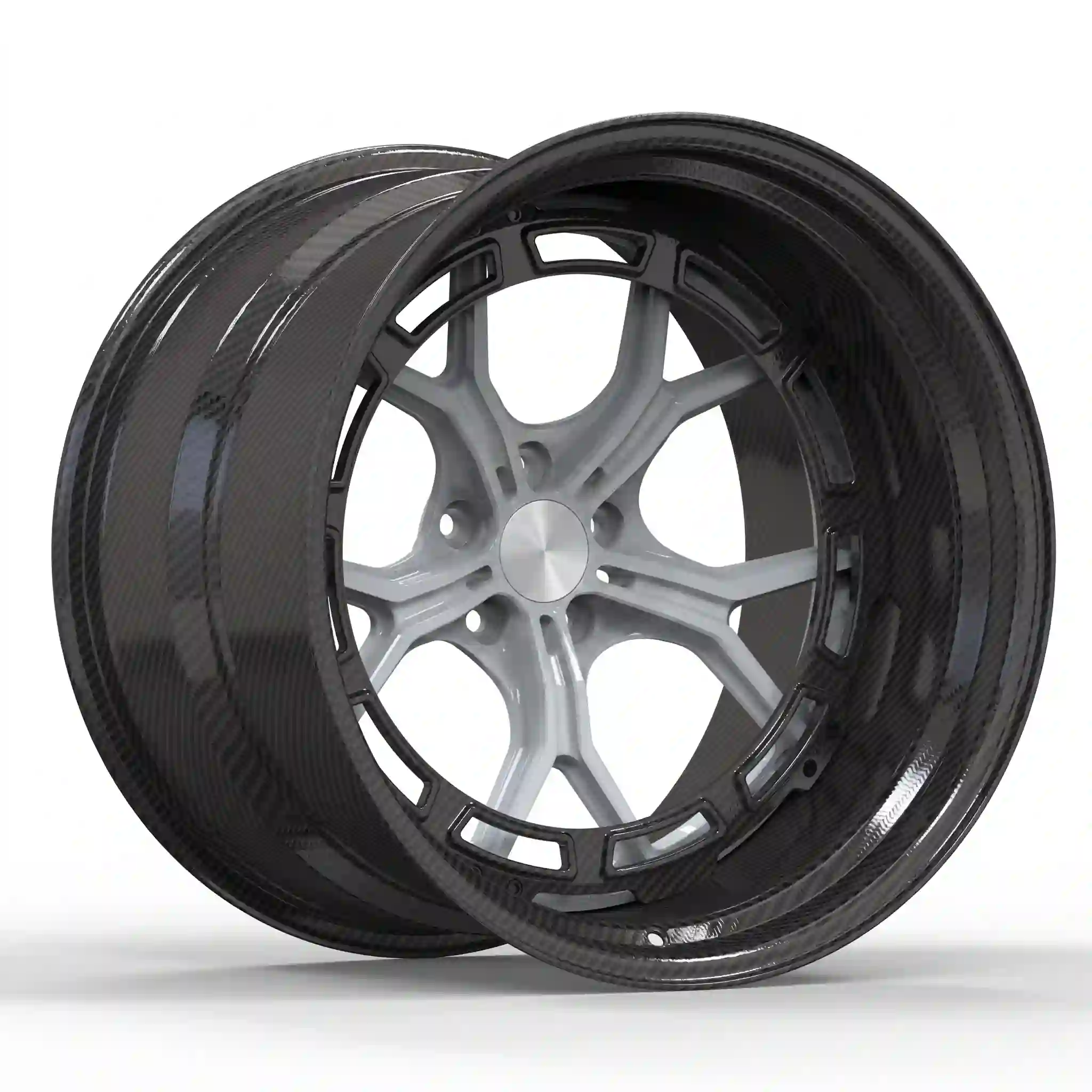 Left view of deep dish forged carbon fiber wheels for BMW M3 Porsche 911 Lamborghini Huracan EVO Lp600 Gallardo Ferrari F458 488 F8 SF90 Audi R8 Lotus Evora Emira McLaren 570s 720s