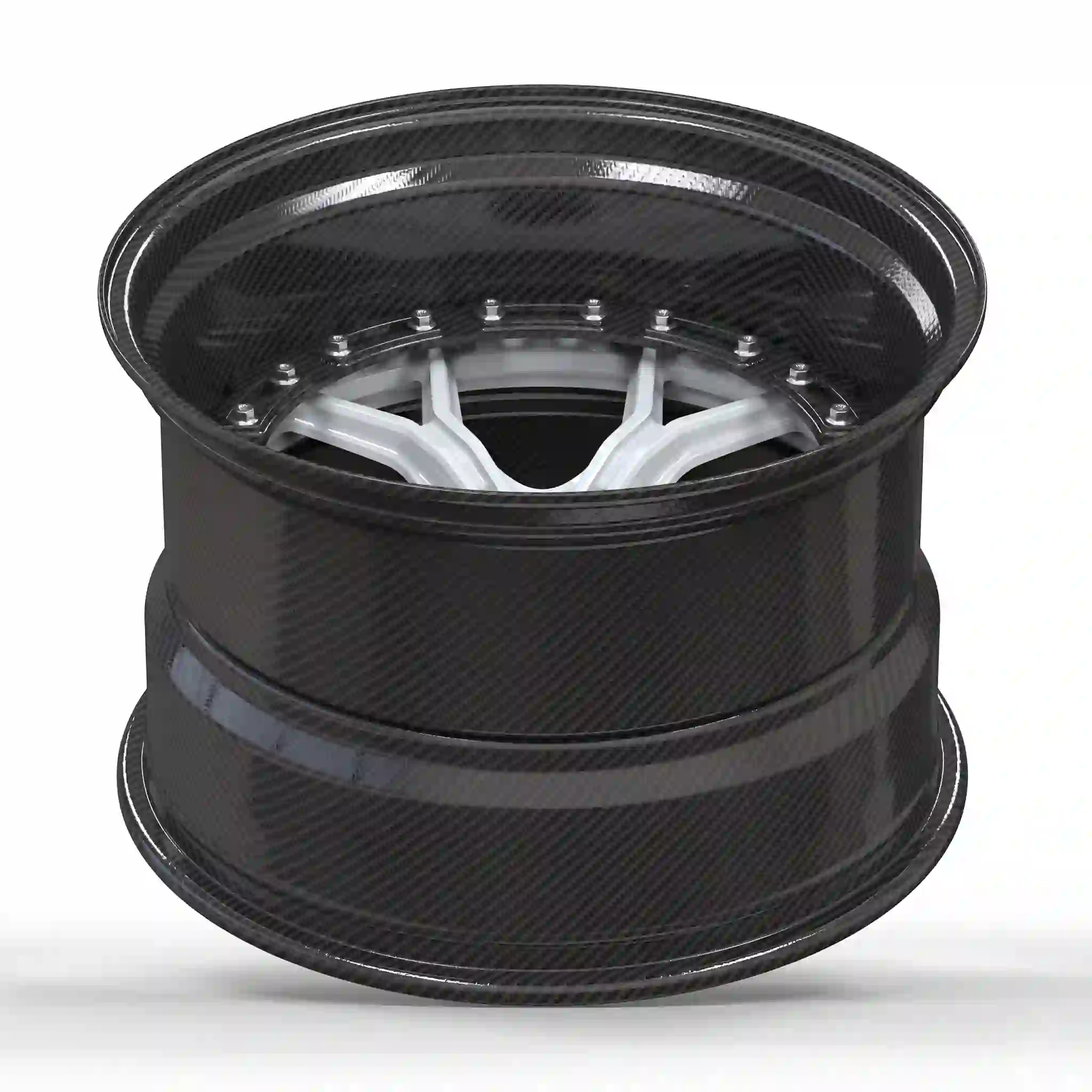 Top view of deep dish forged carbon fiber wheels for BMW M3 Porsche 911 Lamborghini Huracan EVO Lp600 Gallardo Ferrari F458 488 F8 SF90 Audi R8 Lotus Evora Emira McLaren 570s 720s